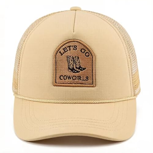 Let's Go Cowgirl Trucker Hat High Crown Foam Mesh Patch Trucker Hat with Snap Back Detailed with Black Coastal Cowgirl Graphic
