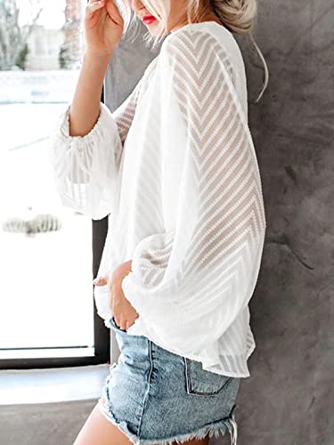 Cupshe Women Long Sleeve Fall Tops Casual Loose Fit V-Neck Ruching Solid Blouse,M White #TOP2
