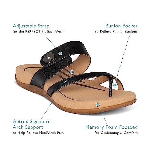 Image of Aetrex Izzy Memory Foam Footbed Faux Leather Adjustable Slide Orthopedic Sandals for Women - Pressure Relief Pain Arch Support Sandals Women's