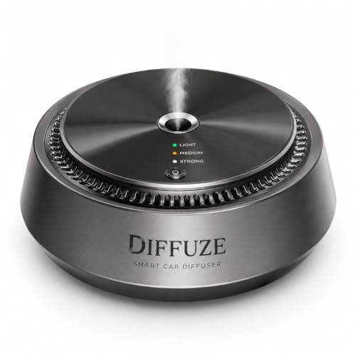 Image of DIFFUZE Smart Car Aroma Diffuser with 10ml Premium Fragrance Oil | Rechargeable Ultrasonic Car Perfume | Motion Sensor | 3 Spray Modes | Refillable Car Air Freshener | USB-C Charging