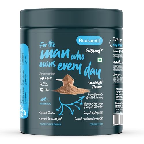 Image of Ruokamill Men High Protein Nutrition Mix | Supports Performance, Stress Reduction & Muscle Recovery | 30 Nutrients, 17g Protein, BCAA, Ashwagandha | Zero Added Sugar | (400g, Chocolate)