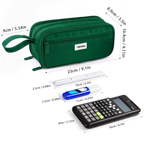 Image of TOPBIDAI Large Pencil Case Pouch for Girls Boy Women Men Adults | Big Capacity Canvas Pencil Bag, Office School Supplies, Multi Compartment Zipper Stationery Pen Box(Dark Green)