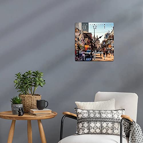 Square Wood Wall Clocks America Cityscape New Orleans Wooden Arabic Numerals Clock Silent Non-Ticking Battery Operated Clock For Cottage Bedroom Office Kitchen And Dining Room Decoration 10X10In #TOP6