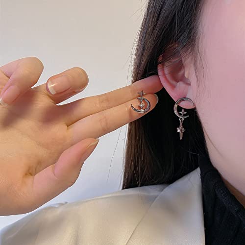 2 Pairs Moon Star Stud Earrings Punk Simple Cool Asymmetric Earrings With Rhinestone Boho Black Moon Earring For Women Girl Teens #TOP3