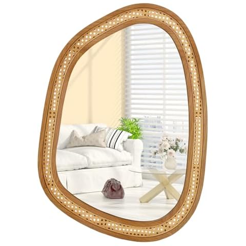 COSTWAY Rustic Rattan Wall Mirror, 85x60cm Cover