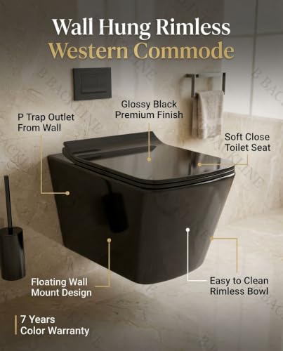 Image of B Backline Ceramic Wall Hung Rimless Western Toilet Commode /Water Closet Commode With Soft Close Toilet Seat For Bathroom - P Trap Outlet From Wall (Black Glossy) (7 Years Glaze Warrrenty)