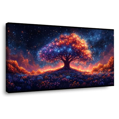 Arbre de Vie lumineux impression nuit étoilée violette 20x40cm décoration murale