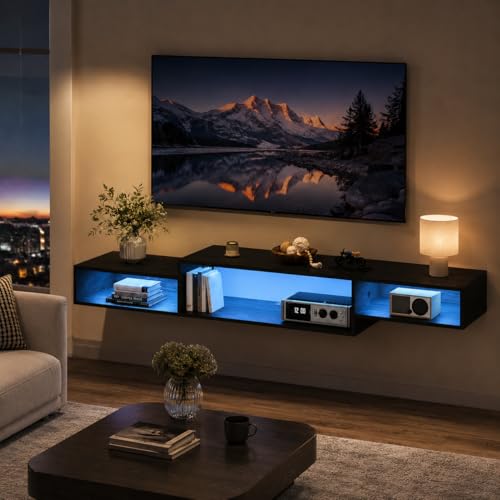 4 EVER WINNER 59" Floating TV Stand with LED Lights & Power Outlets, Wall Mounted Entertainment Center with Storage, Floating TV Shelf for Bedroom, Living Room, Black
