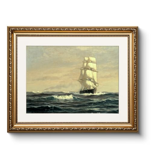 Vintage Gold Framed Sailing Ship Canvas Wall Art 13x16 Inch, Classic Ocean Waves Tall Ship Sailing on Sea Oil Painting Print, Maritime Artwork Coastal Nautical Living Room Office Home Décor
