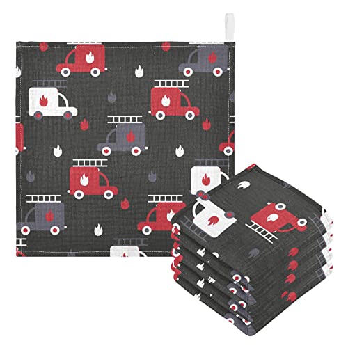 Image of vvfelixl Firefighters Fire Trucks Baby Burp Cloths, Baby Muslin Washcloths for Boys Girls, Cotton Baby Face Towel for Newborn Infants Soft and Absorbent 11.8 X 11.8 in, 5 Pack Black