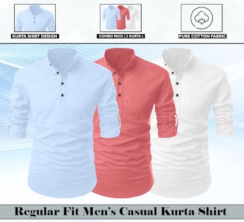 Image of FINIVO FASHION Combo of Men's Cotton Blend Solid Regular Fit Full Sleeve Straight Short Kurta Shirt, Casual and Formal Wear