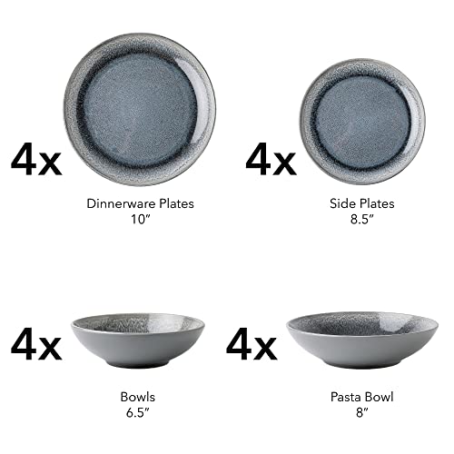 Arora Fait Round Stoneware 16Pc Double Bowl Dinnerware Set For 4, Dinner Plates, Side Plates, Cereal Bowls, Pasta Bowls - Reactive Glaze Grey (439699) #TOP1