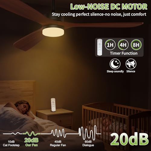 Image of 60 Inch Ceiling Fans with Lights and Remote Control, Walnut Ceiling Fan with Light for Bedroom, Living Room, Covered Outdoor, 6 Speeds Reversible Noiseless DC Motor, 3CCT, Dimmable LED Light