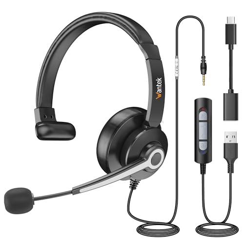 Wantek Auriculares USB con micrófono para PC y portátil, auriculares de computadora con cancelación de ruido de micrófono, auriculares de trabajo de oficina con control de volumen en línea y silencio,