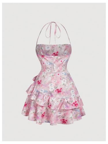 Image of Floerns Women's Floral Halter Ruffle Tiered Cute Summer Mini Dress Milkmaid Vacation Sundress