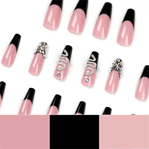 Votacos French Tip Press On Nails Long Coffin Fake Nails Nude False Nails With 3D Snake Rivet Design Glossy Stick On Nails For Women #TOP3