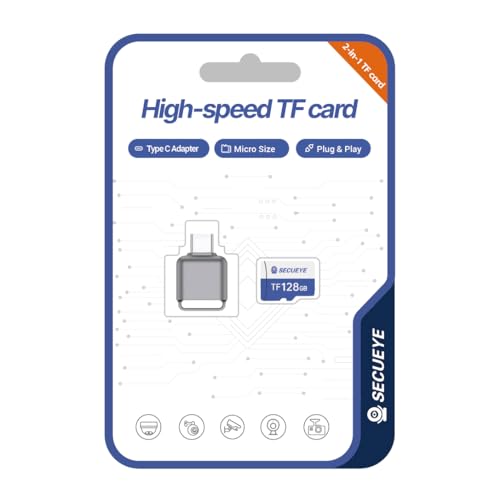 Image of SECUEYE 128GB TF Memory Card with Type C Adapter, Class 10 FAT32 High Speed Reading /Writing, 24 /7 Recording for Security Camera Dash Cam and More (128GB + Card Reader)