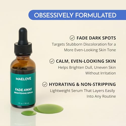 MAELOVE Fade Away Brightening Serum for Dark Spots, Melasma, Sun Damage & Hyperpigmentation. Alpha Arbutin, Kojic Acid, and Licorice Root Extract