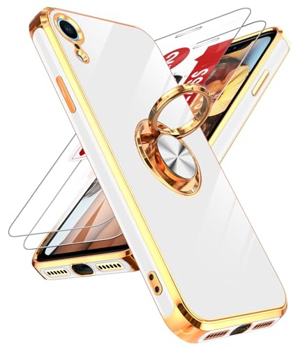 Coque iPhone XR plaquée or rose blanc chic avec béquille intégrée et double verre de protection