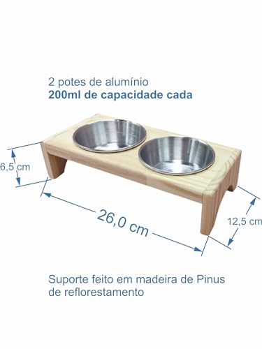 Comedouro para gatos e cachorros pequeno porte agua e ração 2 potes com base de madeira