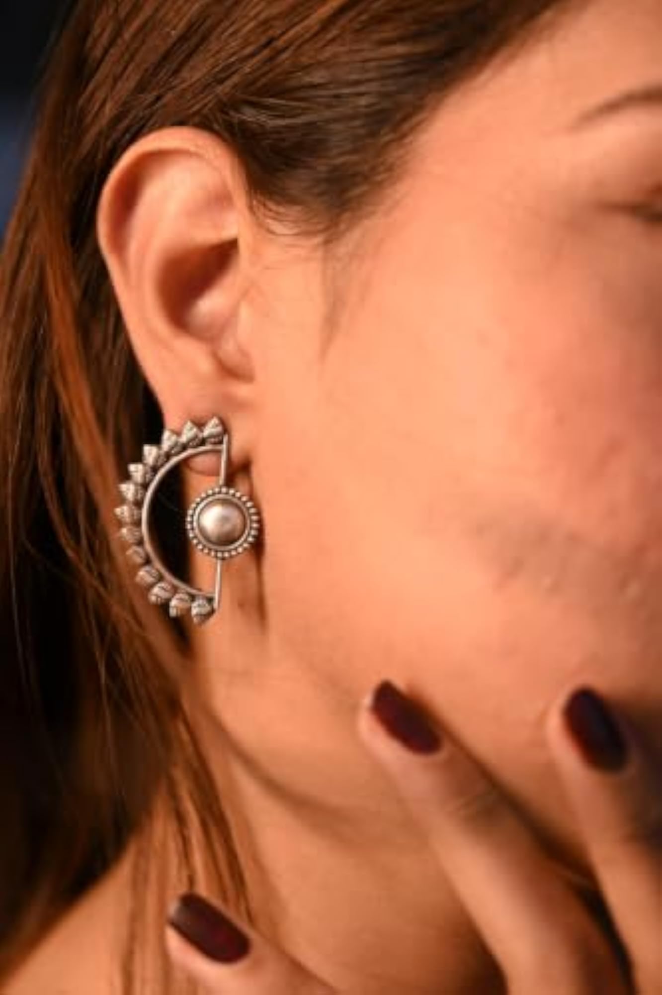 Women's Handmade 925 Sterling Silver Tribal Half-Moon Earrings