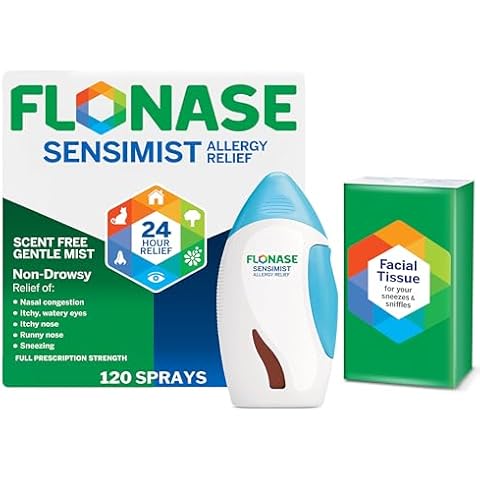 Flonase Sensimist Allergy Relief Nasal Spray - Non-Drowsy 24HR Long Lasting Allergy Relief with Fine, Scent-Free Mist - 120 Sprays Plus Bonus Pack of Tissues Cover