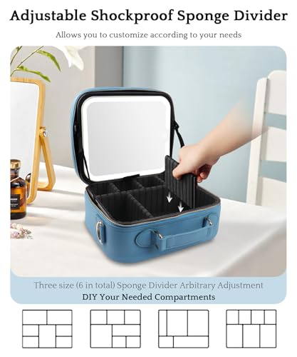Image of Travel Makeup Bag Cosmetic Bag with Lighted Mirror, Adjustable Brightness in 3 Color Scenarios /Detachable makeup mirror, All-round Upgrade, Waterproof, Gift for Women -Azure Blue