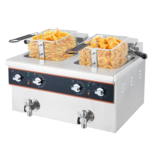 16LTwin Cylinder Electric Deep Fryer for Home & Restaurant - Oil Drain System, Timer, Rotary Fryer Head, Stainless Steel Design, and Large Capac