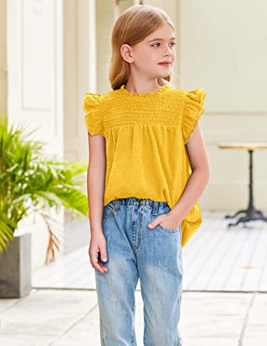 Flypigs Girls Summer Tops Crewneck Lace Crochet Short Sleeve Smocked Shirts Casual Chiffon Swiss Dot Blouses Tunic Yellow 9-10 Years #TOP2