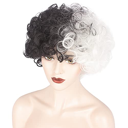 Weken Black And White Wig Short Afro Half Black Half White Wig For Girls Cruella Deville Costume Cosplay Women Synthetic Wig Daily Halloween Party #TOP2
