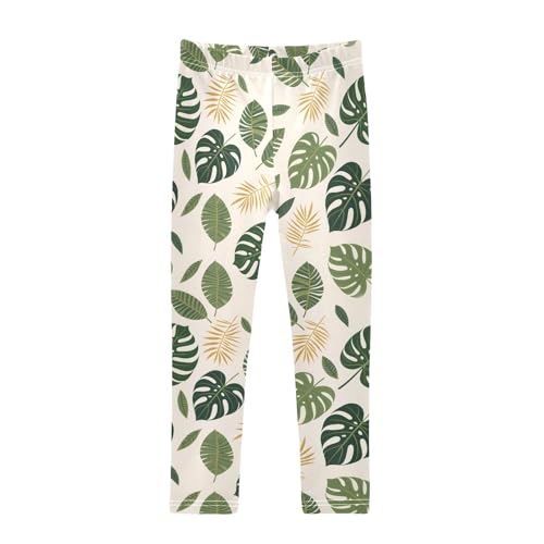 Green Tropical Leaf Girls Leggings Soft Stretch Workout Yoga Dance Pants for Kids Casual Tights
