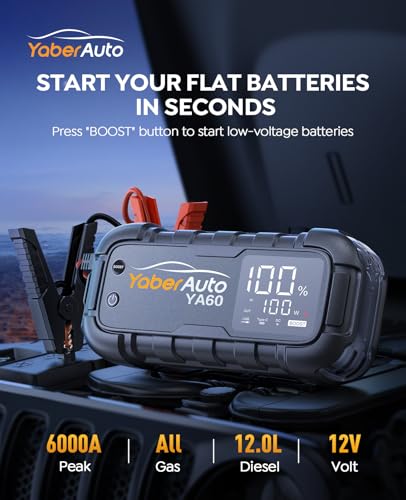 PD 65W Jump Starter Power Pack 7000A 26800mAh YaberAuto Car Battery Booster, Portable Car Jump Starter Power Bank (for All Gas/12L Diesel) with Heavy-duty Jump Leads, 600 Lumens Light - Image 2