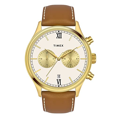 Image of TIMEX Analog Watch for Man with Beige Round Dial & Tan Leather Strap Band Water Resistant Men's Wrist Watches - TWEG19806