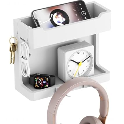 Ni Home Wall Mounted Wooden Bedside Accessories Organizer, Double Tray Bedside Storage Shelf Rack