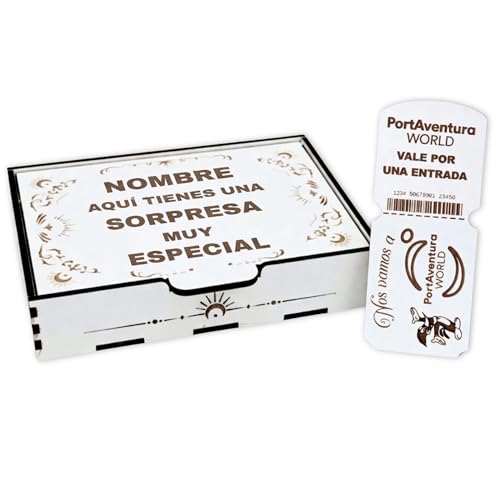 NIRALIS Caja Sorpresa Viaje PortAventura Regalo en madera con nombre grabado para anunciar entrada tipo billete, escapada familiar, comunión, cumpleaños o Navidad - blanco personalizable