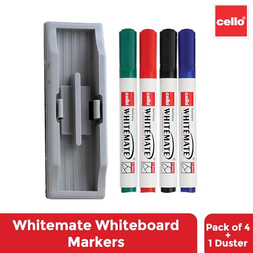 Cello Whitemate Whiteboard Markers | Set Of 4 Markers And 1 Duster | 4 Assorted Ink Colours | Bold Point Marker Pens With Easily Refillable And Erasable Ink | Writes Longer. (Image - 2)