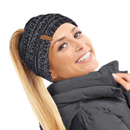 TOSKATOK® SEÑORAS Mujeres Liso Ponytail Messy Bun Ribbed Invierno Gorro Sombrero Gorro Pelo Banda