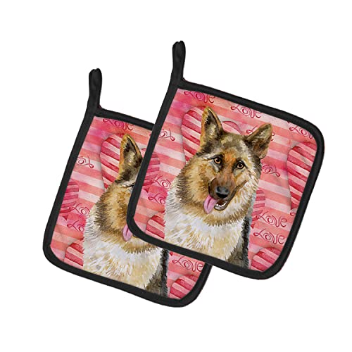 Caroline's Treasures BB9741PTHD German Shepherd Love Pair of Pot Holders, Red Kitchen Heat Resistant Pot Holders Sets Oven Hot Pads for Cooking Baking BBQ, 7 1/2 x 7 1/2