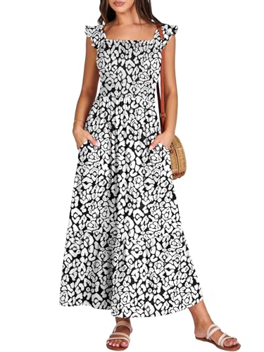 ANRABESS Womens Square Neck Maxi Dress Ruffle Sleeveless Smocked Casual Floral Summer Beach Sundress with Pockets Black White Medium
