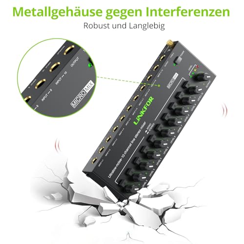LiNKFOR 10 Kanal Mini Stereo Audio Mixer Ultrakompakter Audiomixer Unabhängige Lautstärkeregelung für Mischungen, DC 5V Type-C Mini-Audiomischer mit Netzteil Audiokabel - Ultra Niedrig Noise