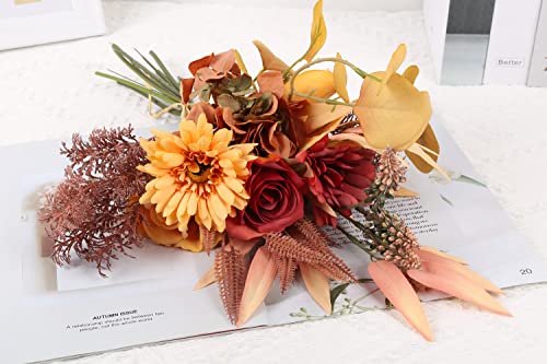 Insunsix Artificial Fake Flowers Bouquet Silk Flower Arrangements For Wedding Bouquets Decorations Faux Flowers Craft Floral Table Centerpieces For Kitchen Garden Home Party Décor (Autumn Red) #TOP3