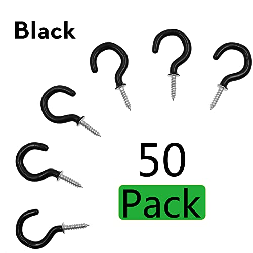 PHITUODA 50Pcs 1-Inch Cup Hooks Ceiling Hooks, Plastic-Covered Metal Screw-in Hooks, Black - Thumbnail 2