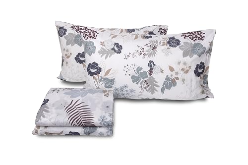 zer0bed Parure de lit Double en Coton Fantaisie Floral, fabriquée en Italie, Drap Plat + Drap Housse + taies d'oreiller 100% Coton, Indigo