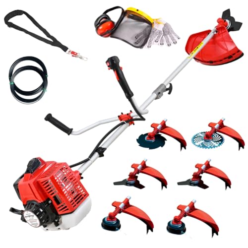 Synergy Desbrozadora Gasolina 6 en1-65cc 4,9cv-Motor 2 Tiempos 2 Discos de 3 Puntas, 1 de 8 Puntas, 1 de Widea, 2 Cabezales Hilo Automático, Arnés, Kit de Protección y 20m Hilo