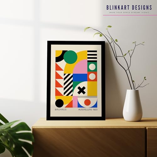 Image of BLINKART Vintage Bauhaus Retro Geometric Aesthetic Poster Gallery | Colorful Wrap Framed For Home Office Studio Living Room Modern Art Studio Decoration Abstract Shapes | (d159) | 13x10 Inch