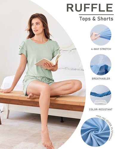 Image of Ekouaer Womens Pajama Sets 2 Piece Ruffle Sleeves Top and Shorts Pjs | Soft Sleepwear Cute Loungewear Set with Pockets for Sleep, Lounge, Wedding, Party, Bridal
