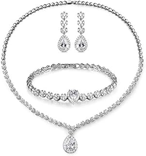 Shuxin Wedding Jewellery Set for Women, Necklace Dangle Earrings Bracelet Set, White Gold Plated & Yellow Gold Plated Jewelry Set with White AAA Cubic Zirconia, Allergy Free Wedding Party Jewellery