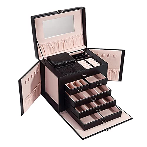 Joyero joyero para mujeres y niñas con espejo, collar, anillo, aretes, organizador de piel sintética, cajón extraíble, caja de joyería con diseño de múltiples capas (color: A)