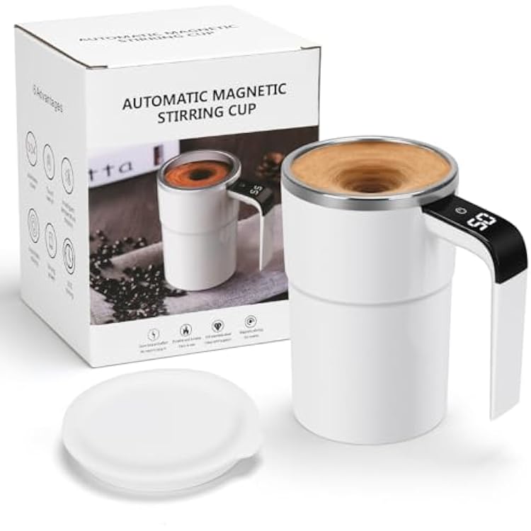 Self Stirring Mug, Auto Magnetic Coffee Mug with LED Display Temperature, Rechargeable Automatic Stirring Cup, 12oz Self Mixing Cup with Lid To Stir Coffee Mixed Milk at Desk Use