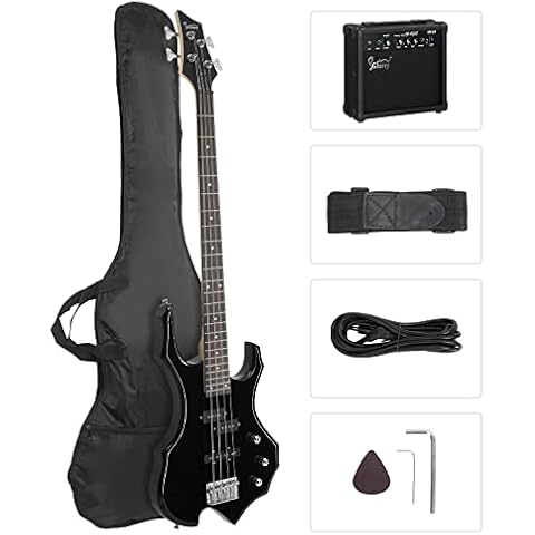 GLARRY Electric Bass Guitar 4 Strings Buring Fire Style Single Coil - Split Single Coil Pickups for Beginner Adults Right Hand w/ 20W Amp, Bag, Strap and Cord (Black) Cover